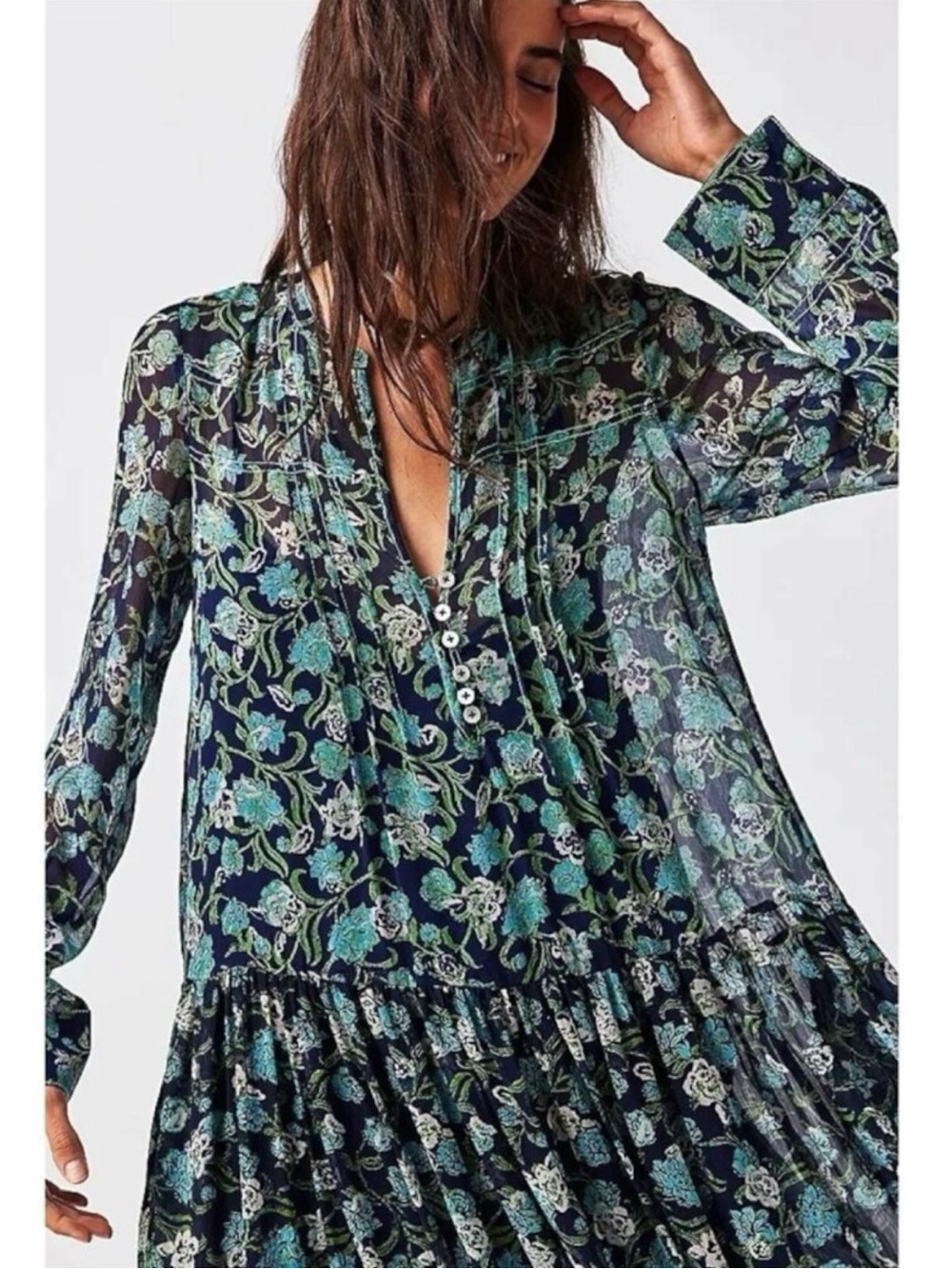 Free people Bohemian See it through Maxi Dress Twilight Floral Medium Retro 70s - Picture 2 of 13